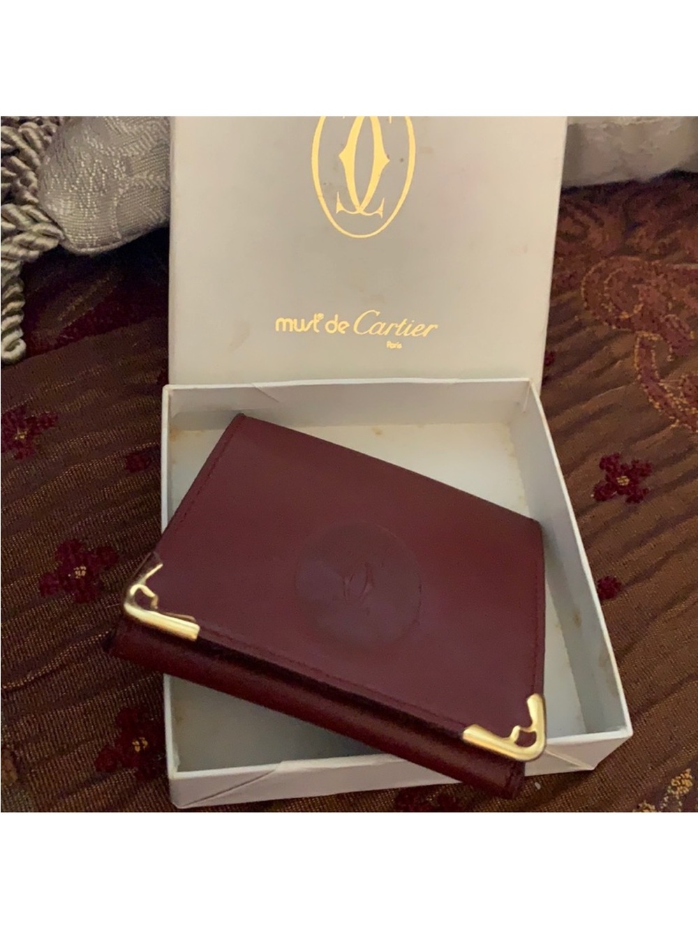 Cartier Burgundy Leather Money Clip with Gold Corners